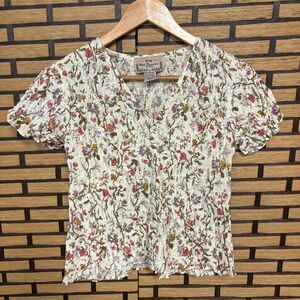 New Direction White Floral Button Front Crinkle‎ Top Medium Petite